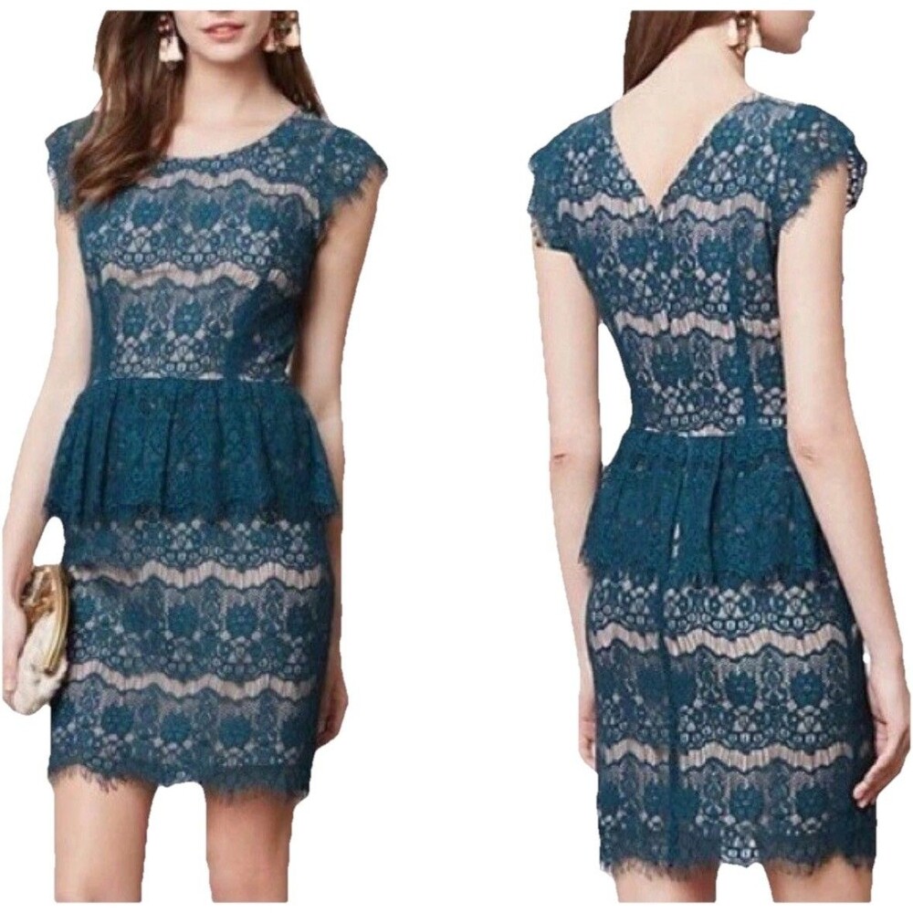 Maeve Anthropologie Elsa Dress Small Teal Blue Lace Illusion Peplum Sheath Glam